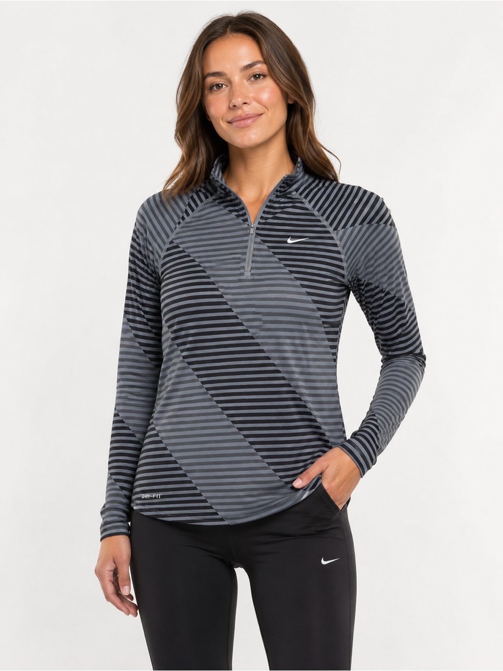 Nike Women's Black & Gray Striped Half-Zip Long Sleeve Top
